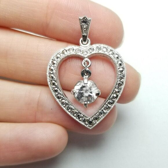 Vintage Sterling Silver Heart Pendant, Rhinestone Charm Center, Marcasite, Theda - Picture 1 of 7